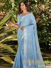 Pure Tissue Linen Sliver Zari Weaves Worked Sapphire Blue  Saree